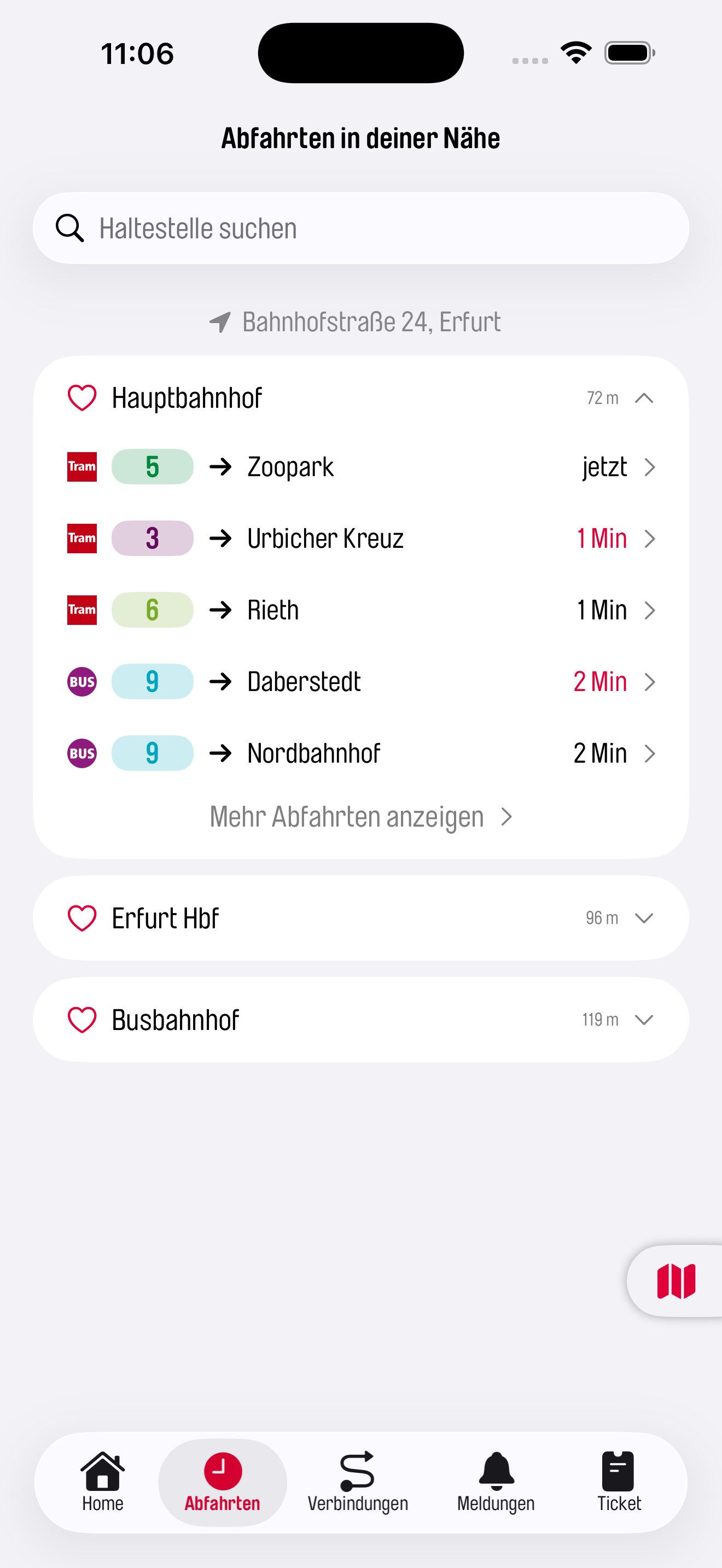 Abfahrten Ansicht der Erfurt mobil App