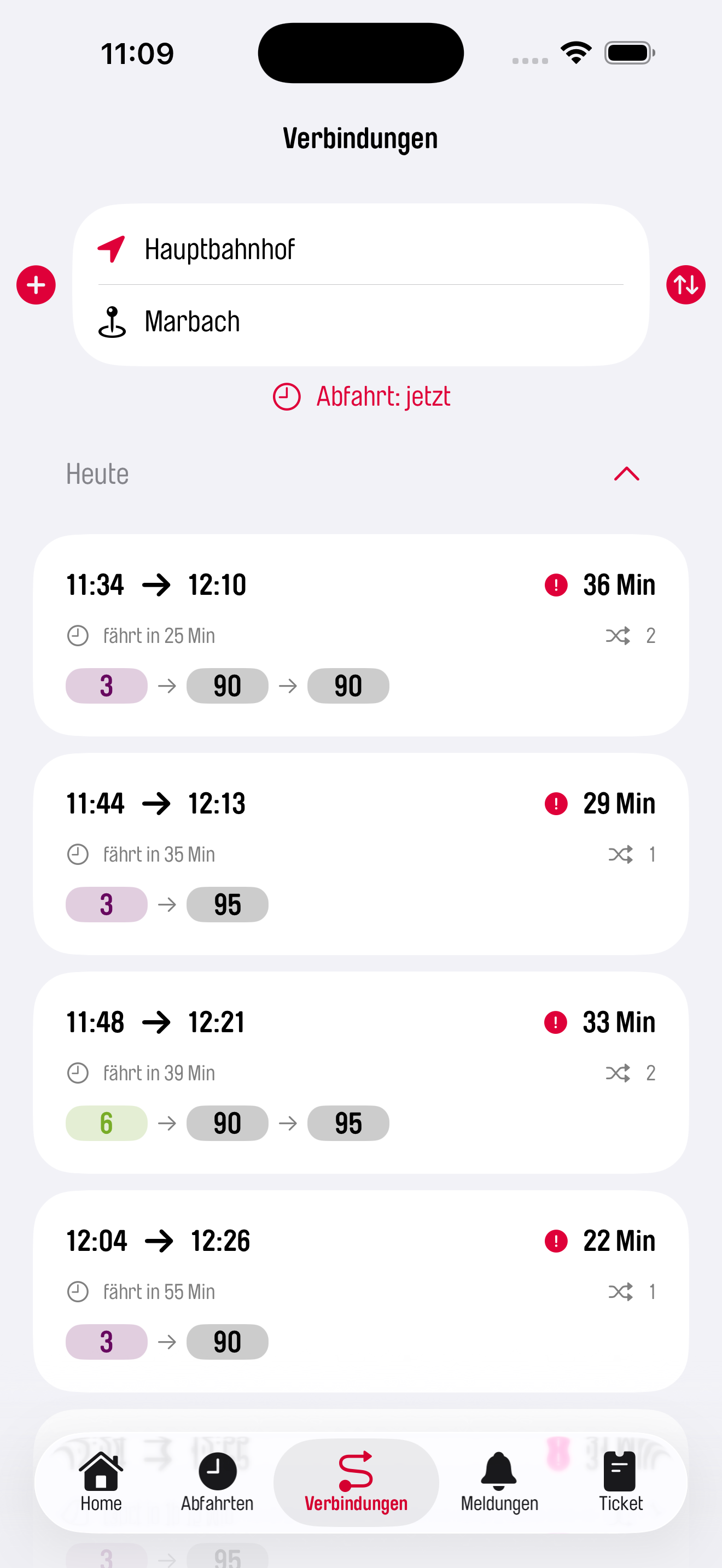 Verbindungen Ansicht der Erfurt mobil App